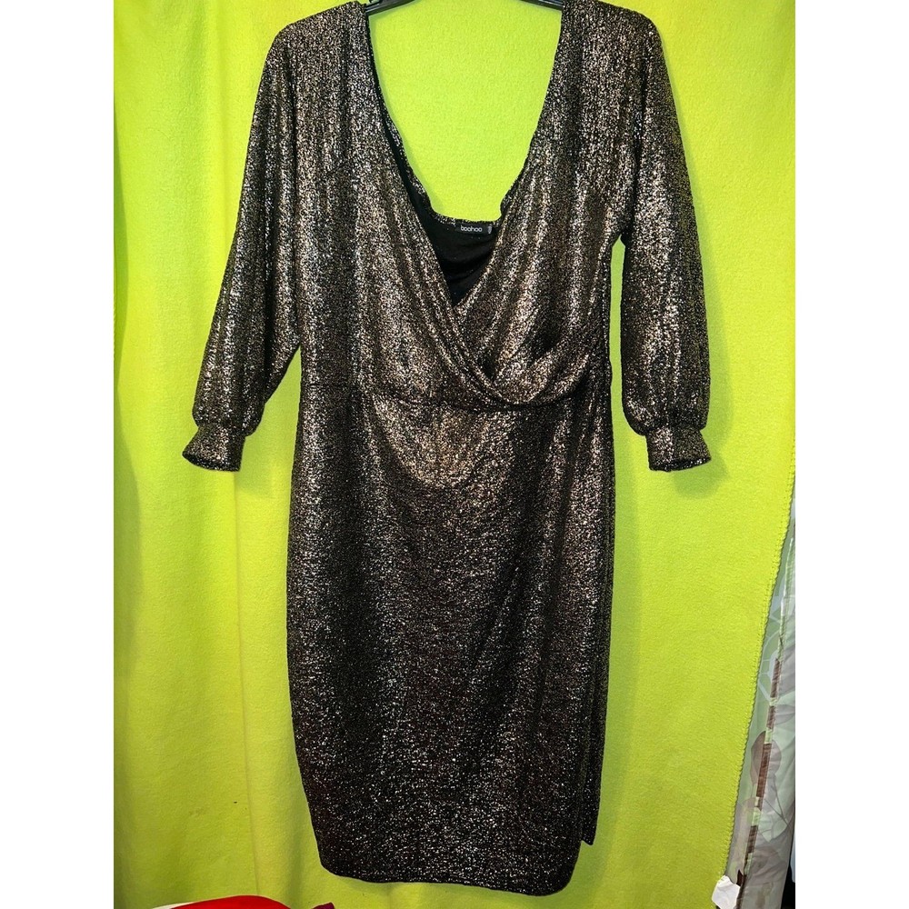 Boohoo Gold Metallic Wrap Long Sleeve Dress Black Sz 22 Plus Holdiay